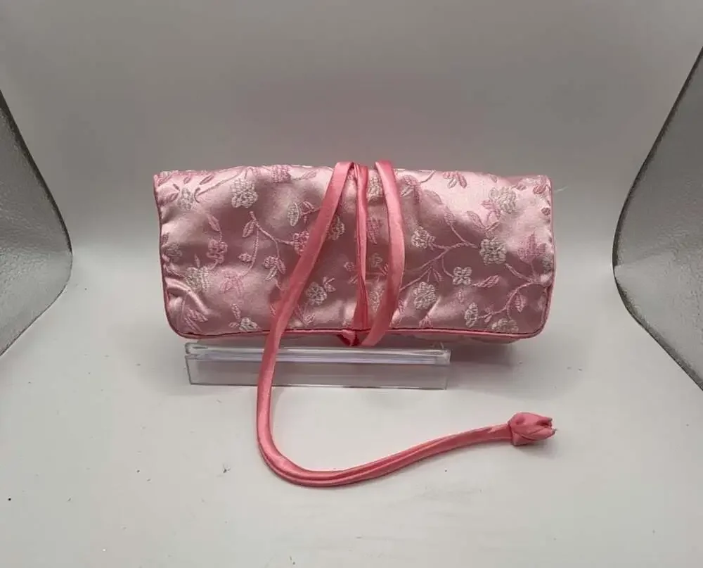 Pink Floral Embroidered Silk Jewelry Travel Roll Organizer